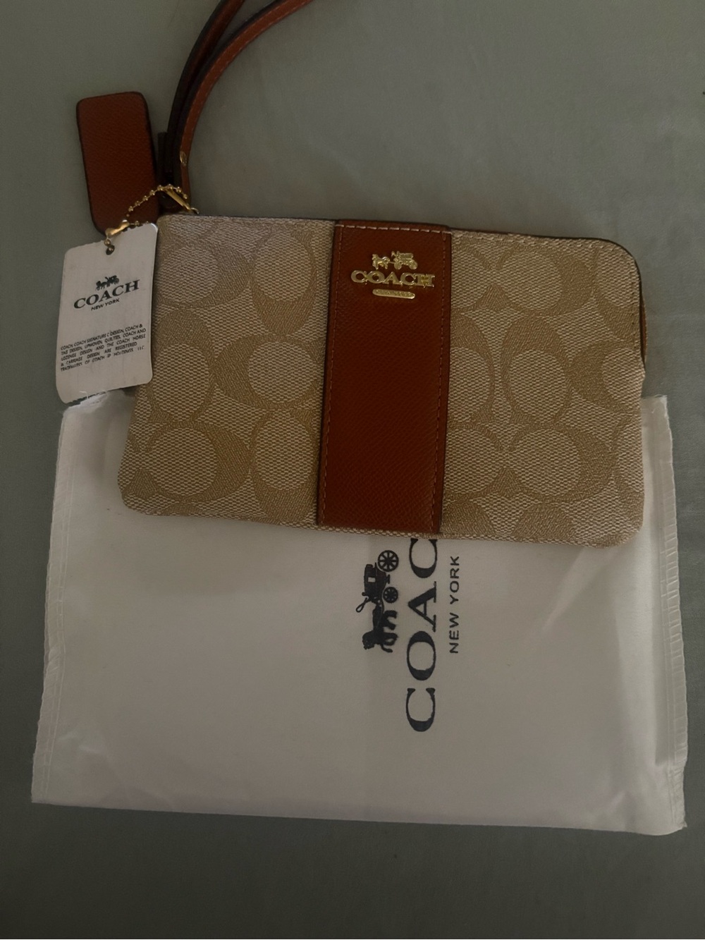 Coach Beige Signature Canvas Wristlet with Brown Leather Accent